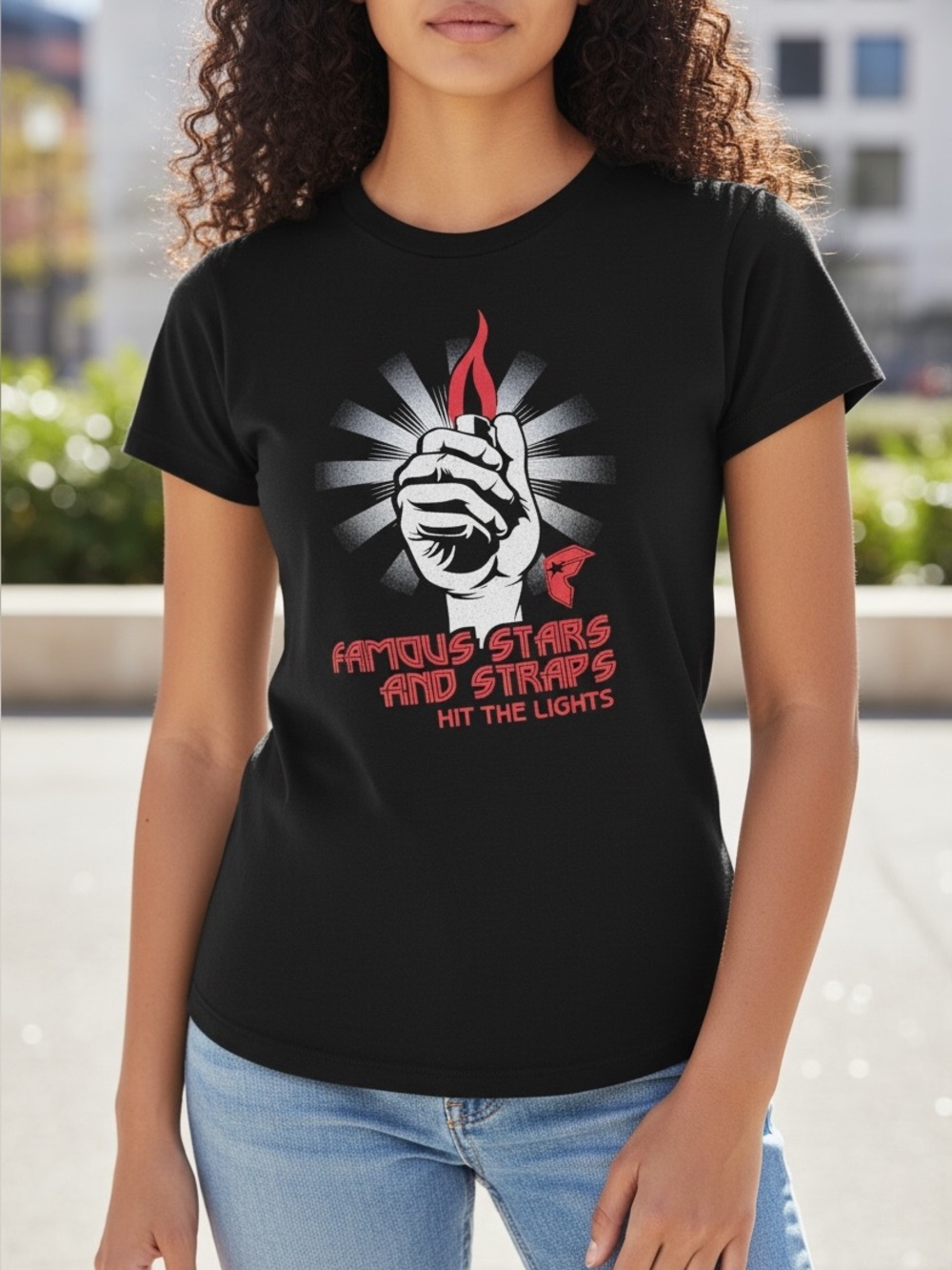 ✨ Famous Stars & Straps Hit The Lights Torch Graphic Baby Tee Black Y2K